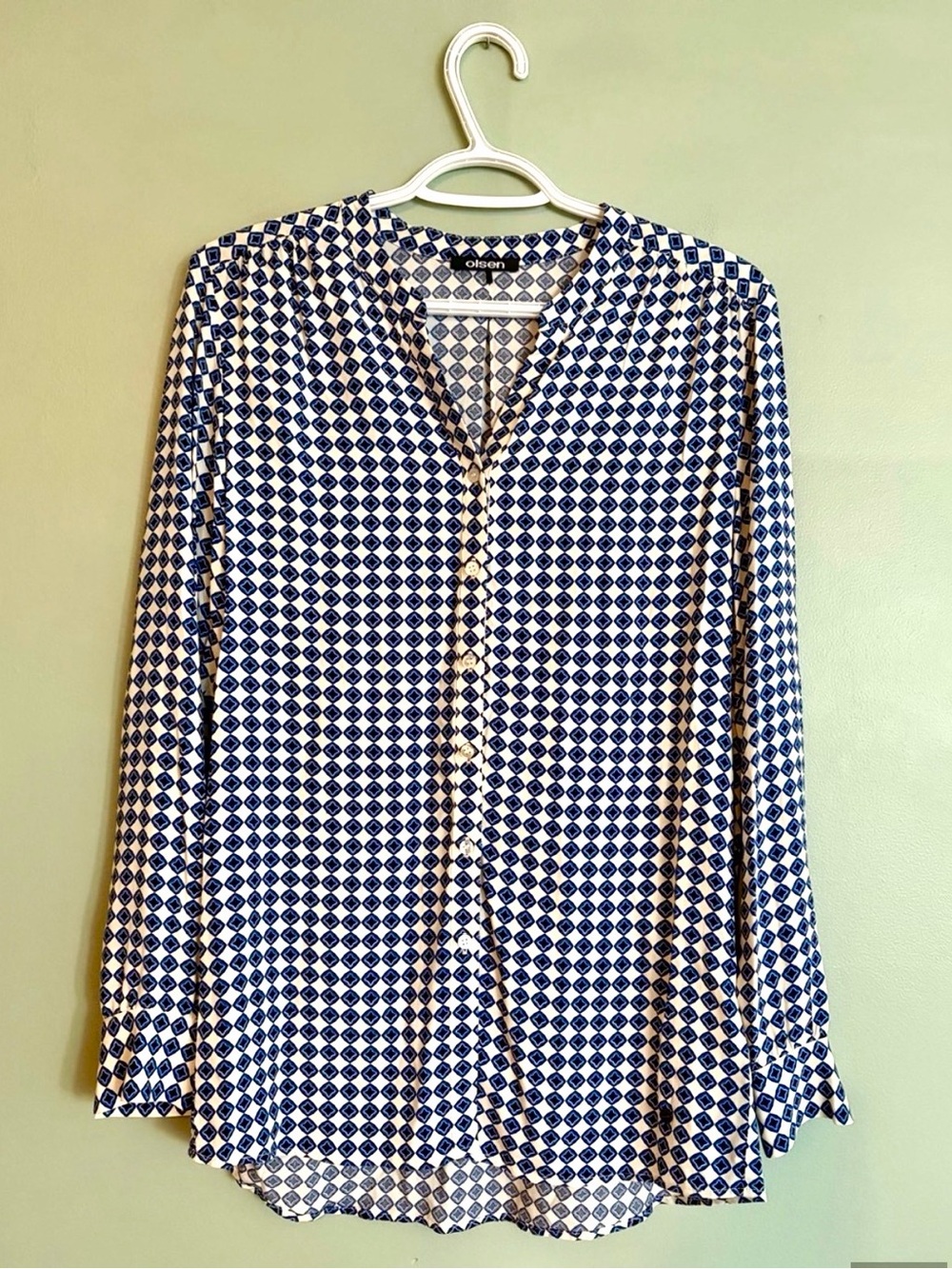 Olsen Geometric Blouse XS 4 Viscose Button Up Shirt Retro Mod Business Casual